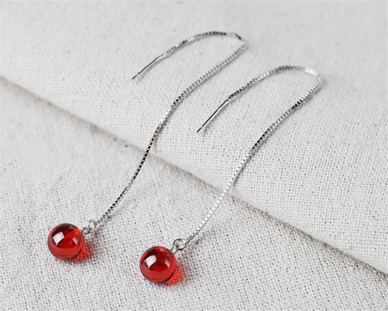 

POFUNUO 925 Sterling Silver Lucky Red Beads Ear Lines Women Fashion Fine Jewelry Anti Allergy Girls Exquisite Chic Earring Studs