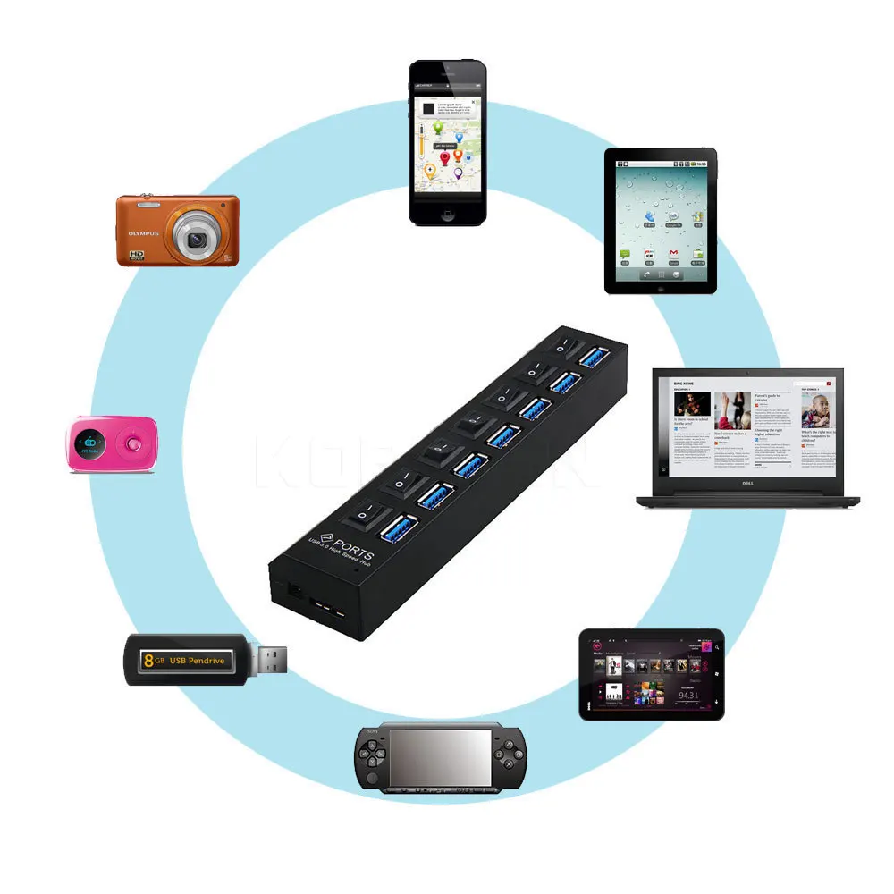 CHYI usb-хаб 3,0 с адаптером питания 7 портов USB3.0 СВЕТОДИОДНЫЙ Переключатель ВКЛ/ВЫКЛ концентратор USB разветвитель Компьютерные аксессуары для ПК ноутбука Горячая Распродажа