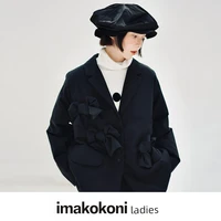 imakokoni 2021 womens all match jacket black girl original wool bow suit thin single breasted cotton jacket 213470