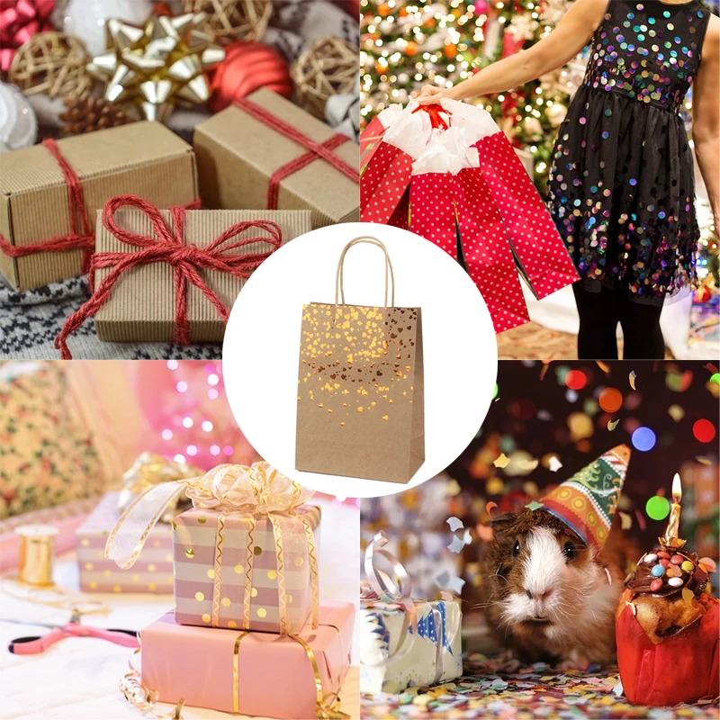 

20Pcs Kraft Paper Bags Bronzing Love Carry Paper Bag Birthday Wedding Favor Box Christmas Gift with Handle Cookie Packaging Bags