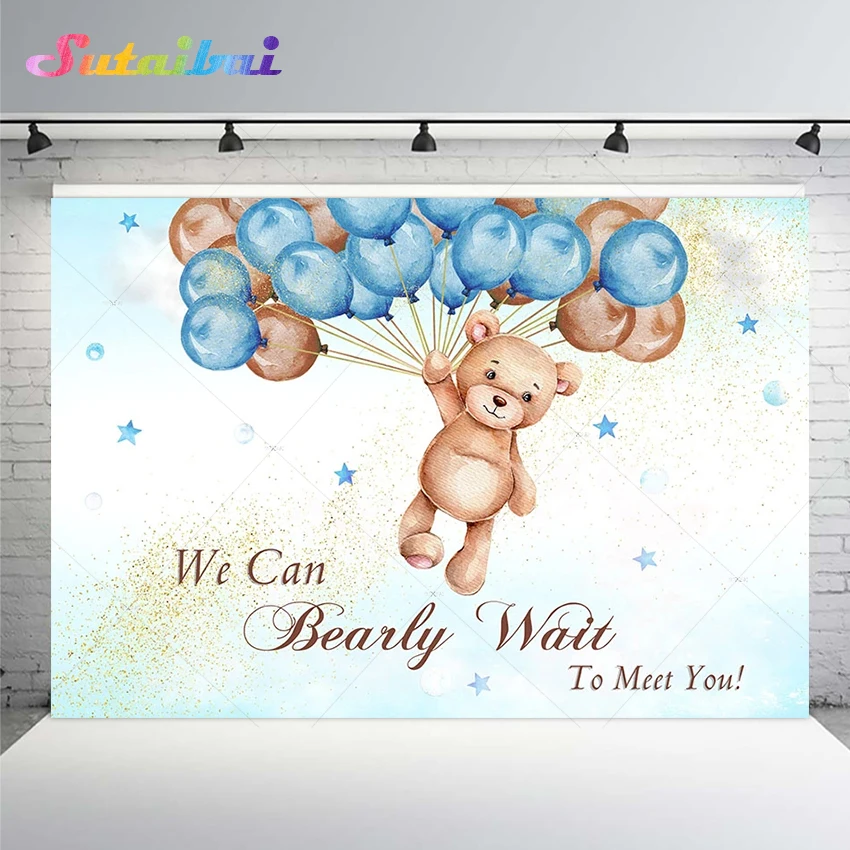 

Bear Baby Shower Photography Background We Can Bearly Wait To Meet You Blue Balloon Birthday Girl Boy Decorations Party Backdrop