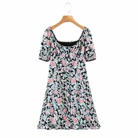 womens 2021 new spring summer elegant printed short sleeve dress for ladies small floral square collar casual dresses female