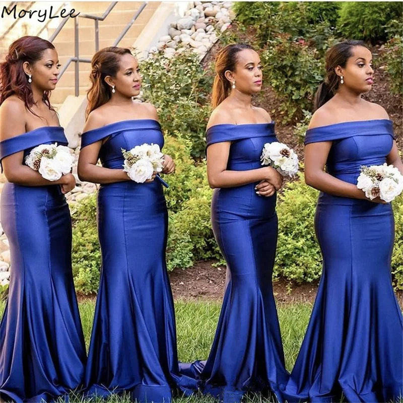 

Платье для подружки невесты, синее шелковое атласное платье-Русалка с вырезом лодочкой, шлейфом, Боковым Разрезом, на молнии сзади, для свадебной вечеринки