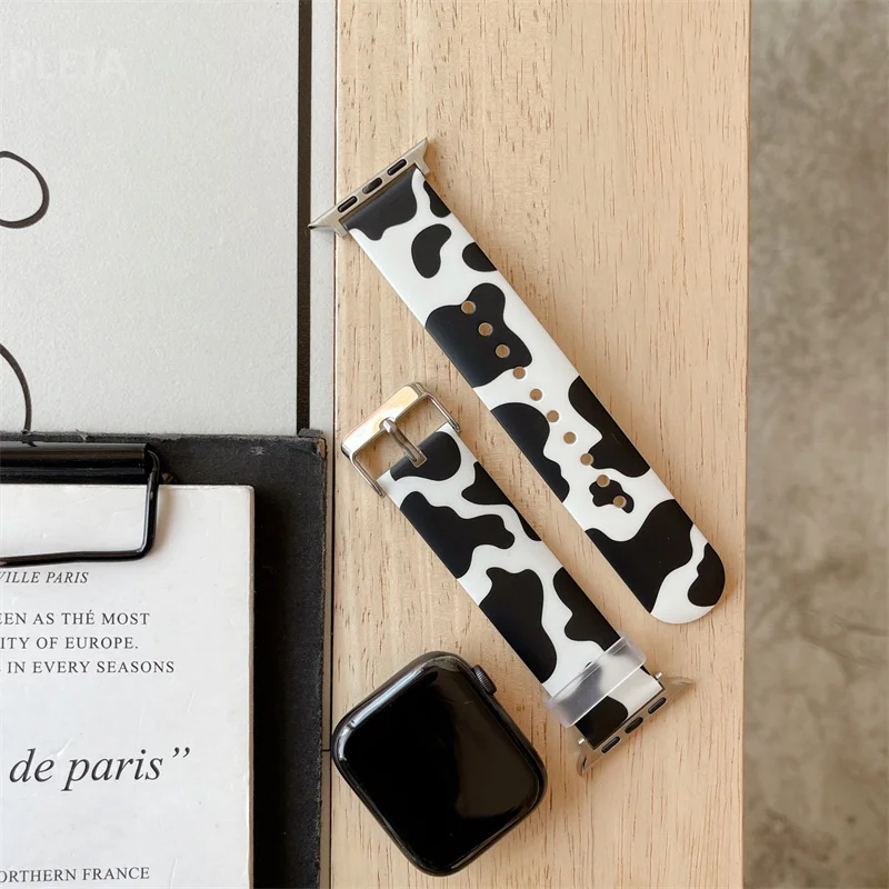 

Fashion Cow Pattern Watch Strap For Apple Watch 44mm 40mm 38mm 42mm For IWatch Series 6 5 4 3 2 1 Cartoon Watch band Bracelet