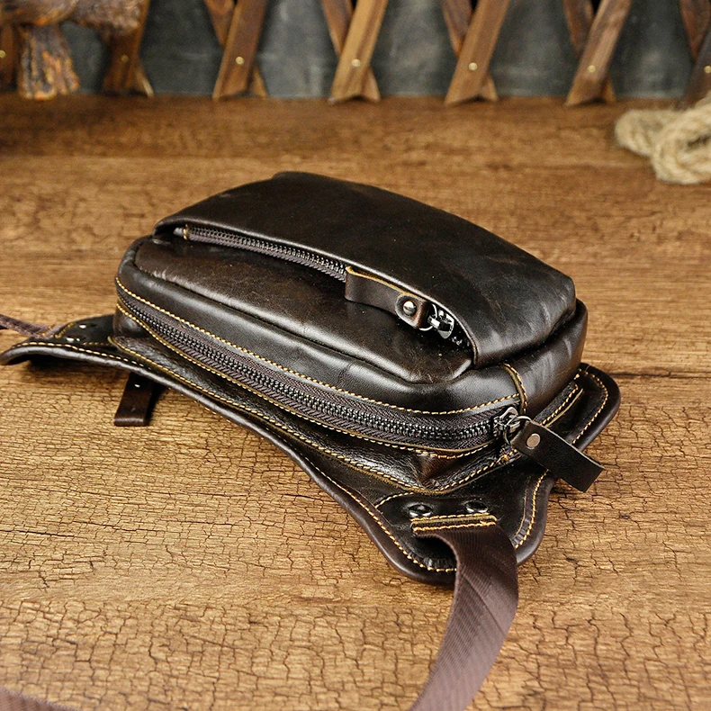 

Fashion Real Leather Male Chest Sling Bag Design Coffee Travel Cigarette 7" Phone Case Fanny Waist Belt Bag Pack Men 811-62
