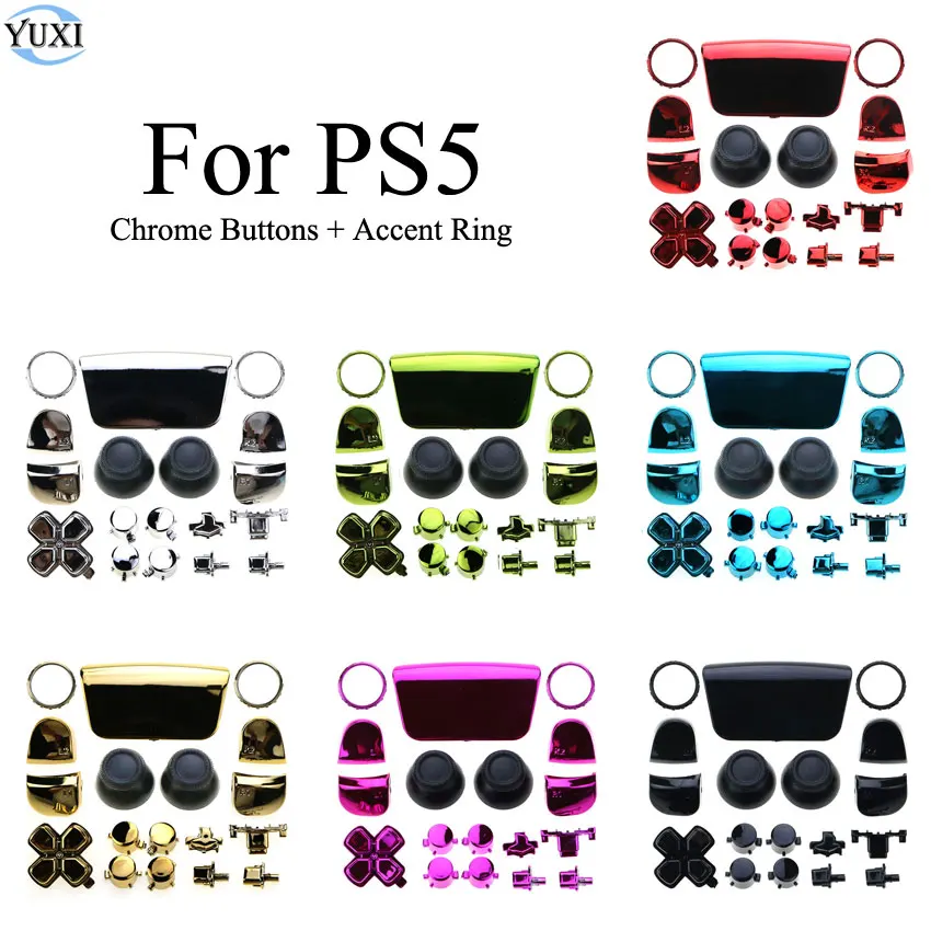 

YuXi Chrome Buttons Kit L1 R1 L2 R2 D-pad Button Thumbstick Cap Accent Rings For PlayStation 5 PS5 Controller