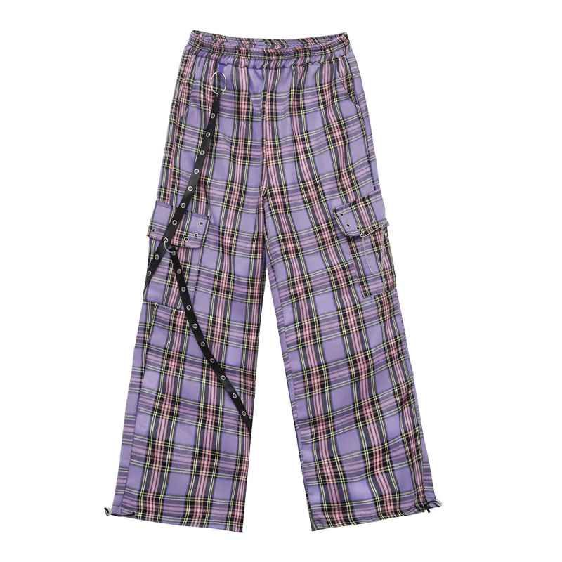 Y2K Cargo Pants Women Hippie Purple Plaid Pants Harajuku Streetwear Chain Checked Trousers High Waist Aesthetic