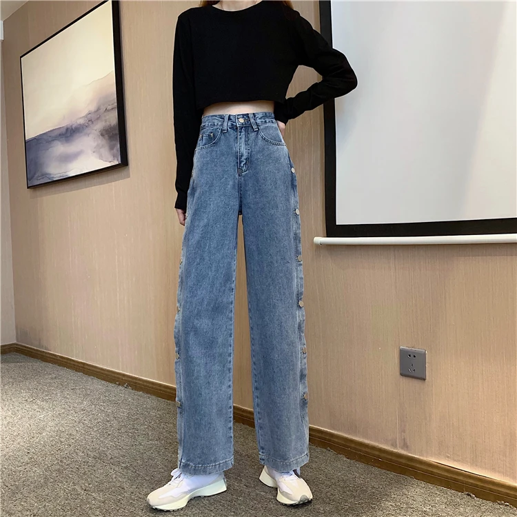 

Spring and Autumn Korean Style 2021 New High Waist Slimming Sense of Design Niche Side Breasted Wide Leg Denim Trousers Women's