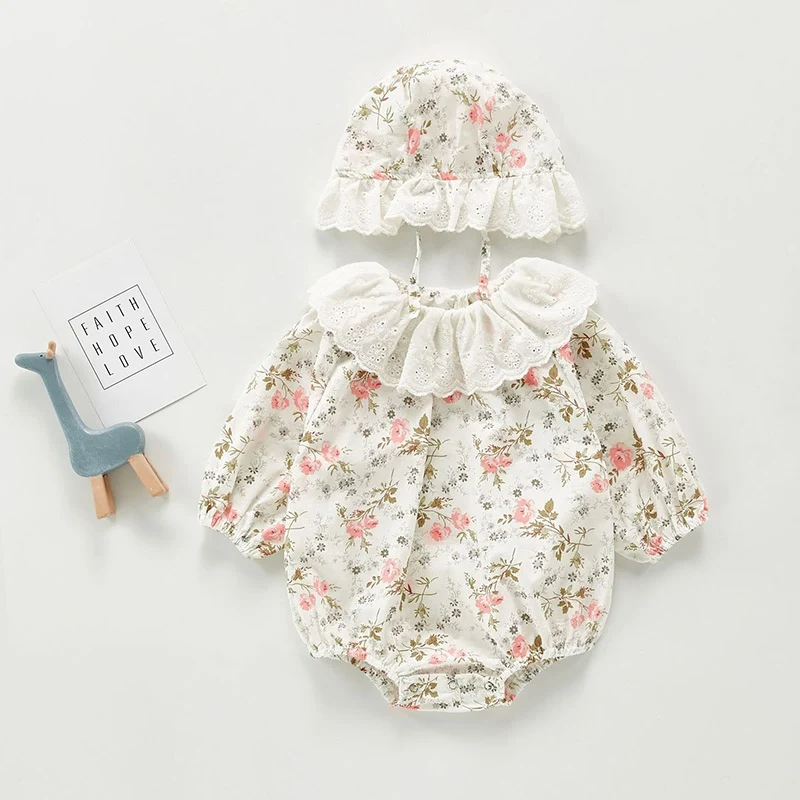 

2021 весенне-летняя одежда, хлопковый боди с цветами + шапочка, Одежда для новорожденных девочек, одежда для крещения, Одежда для новорожденны...