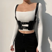 gothic pu leather buckle corset women crop top punk style bustiers cummerbunds vest adjustable tank tops streetwear 2021