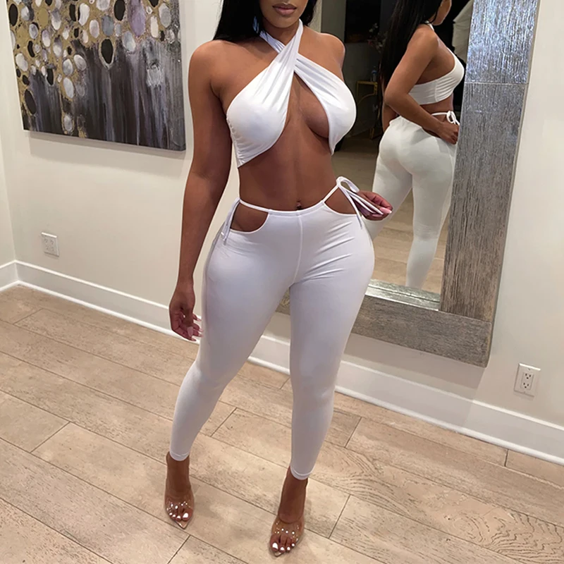 

Two Piece Pants Set Sexy Halter Backless Crop Top & Hollow Out Skinny Pants Matching Set