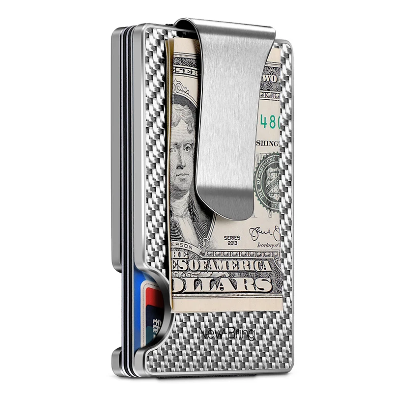 Carbon fiber-Silver NewBring Металлический Мини зажим для денег модный бренд черный белый держатель для кредитных карт ID с RFID Анти-Вор кошелек для мужчин - Цвет: Carbon fiber-Silver