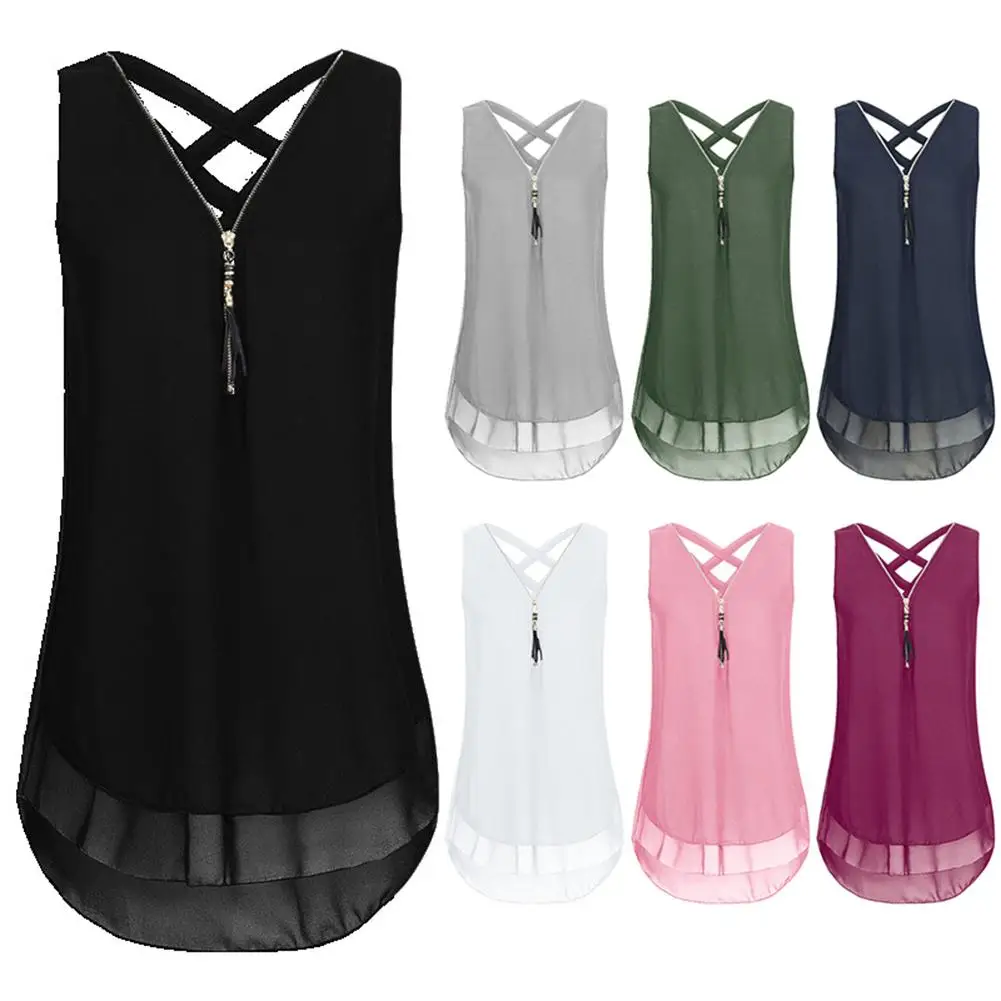 

Plus Size Lady Solid Color V Neck Sleeveless Chiffon Zipper T-shirt Blouse Vest T-shirt Blouse Vest