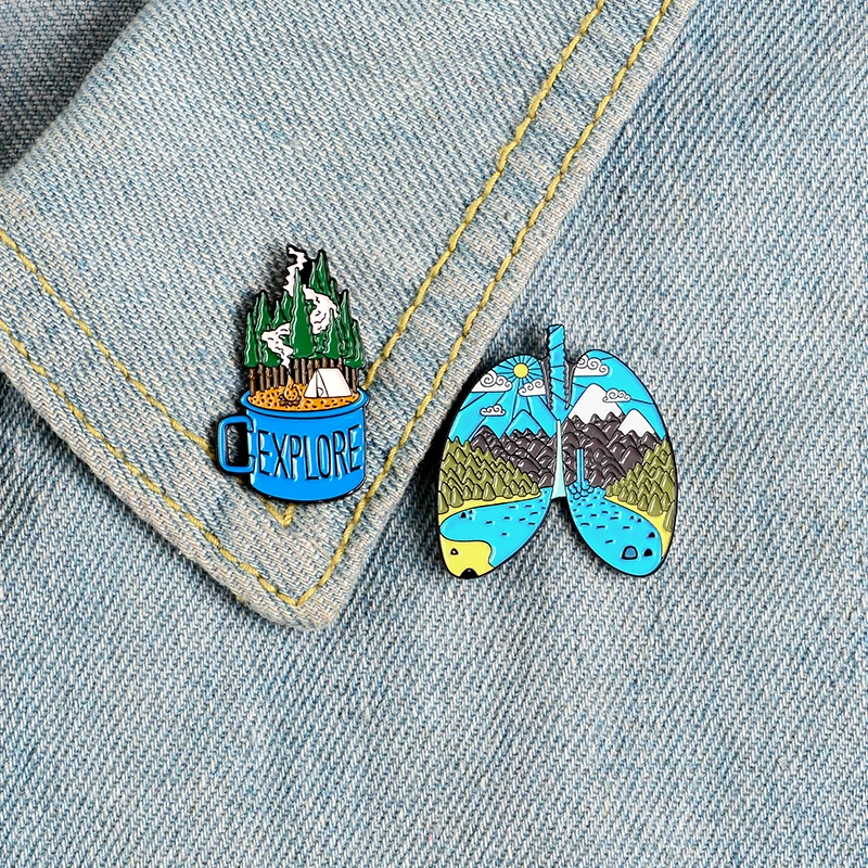 Adventure Pin Mountain Forest Lakes Earth Lung Cup Explore Nature Enamel Button Badge Travel Brooch Women Men Outdoorsy Gift | Украшения и