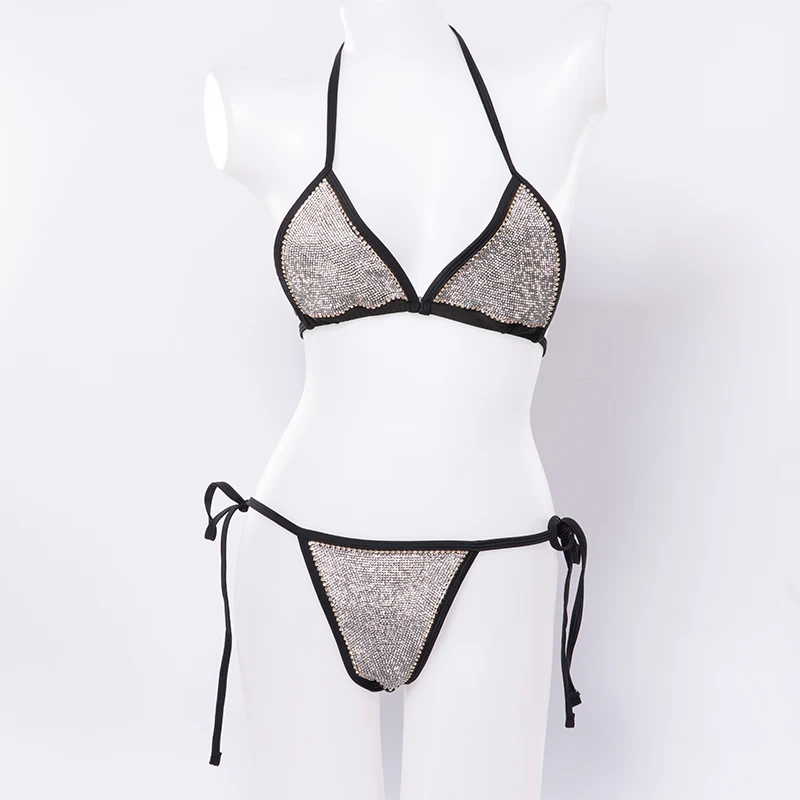 Trendy Shiny Diamante Bikini Set Halter Low Neckline Back Bandage Bra Crop Top High Cut Panties Seaside Beachwear Biquini Sets | Женская