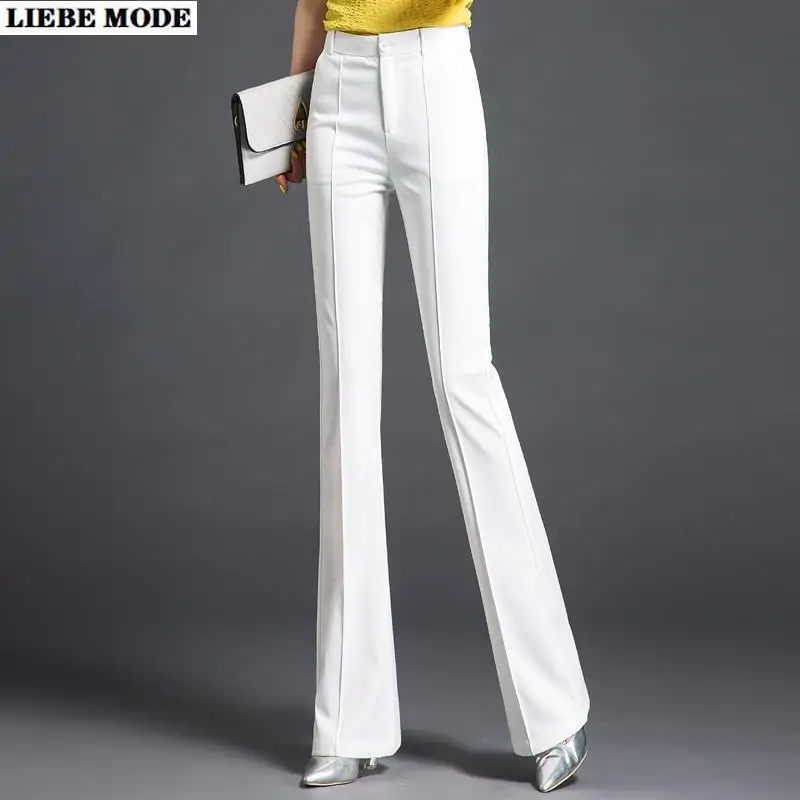 

Офисные женские длинные расклешенные брюки, модные деловые брюки в Корейском стиле для женщин, одежда для работы, однотонные белые, черные, красные женские деловые брюки для высоких женщин