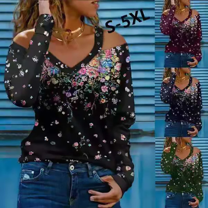

W 2021 Women's Autumn And Winter New Fashion Long Sleeve V-neck Off Shoulder Floral Women's T-shirt Tshirt Women Printed T-shirt