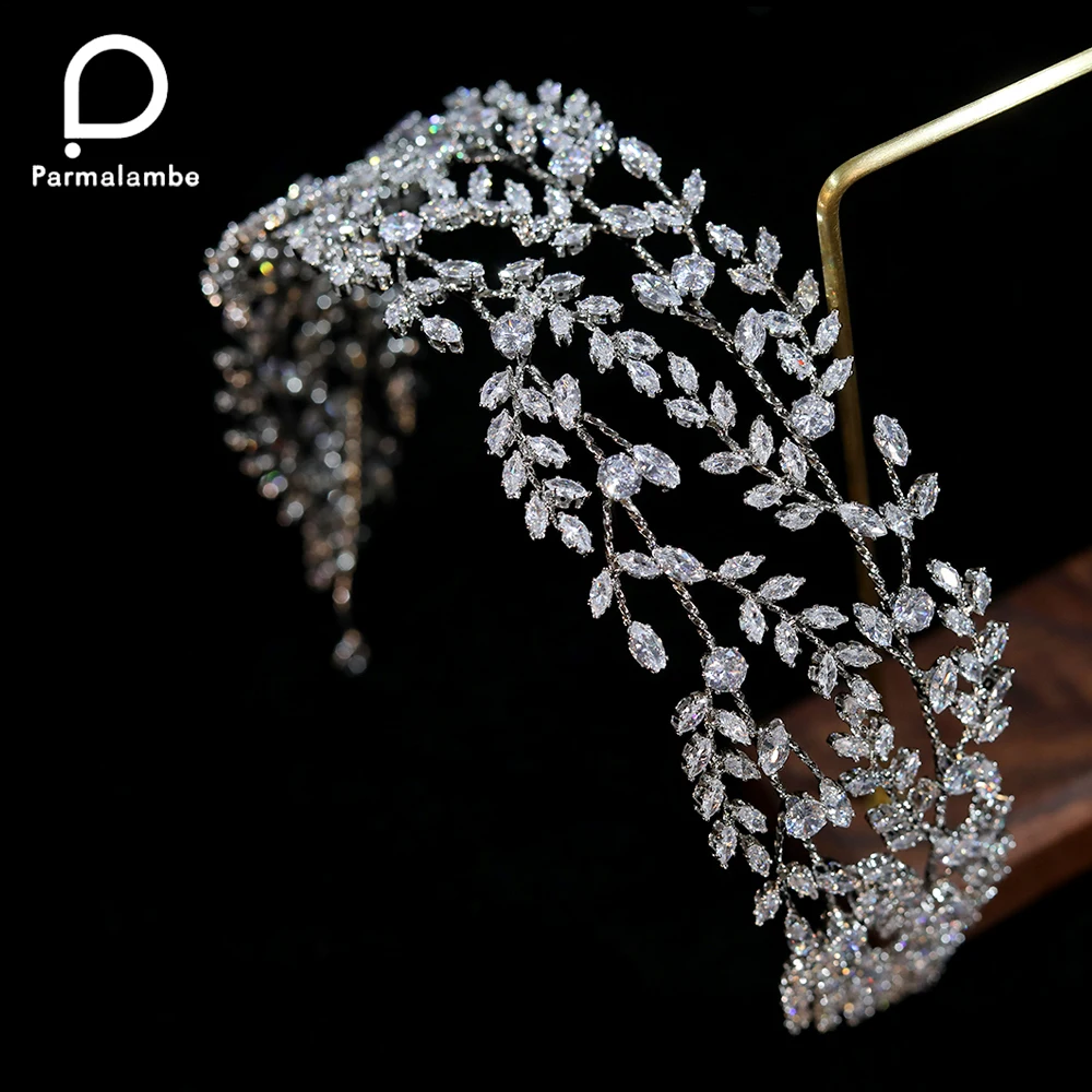 Parmalanbe Fashion CZ Crown Wedding Tiaras Crystal Headband Elegant Headwear Prom Hair Accessories Bridal Crowns CZ Jewelry