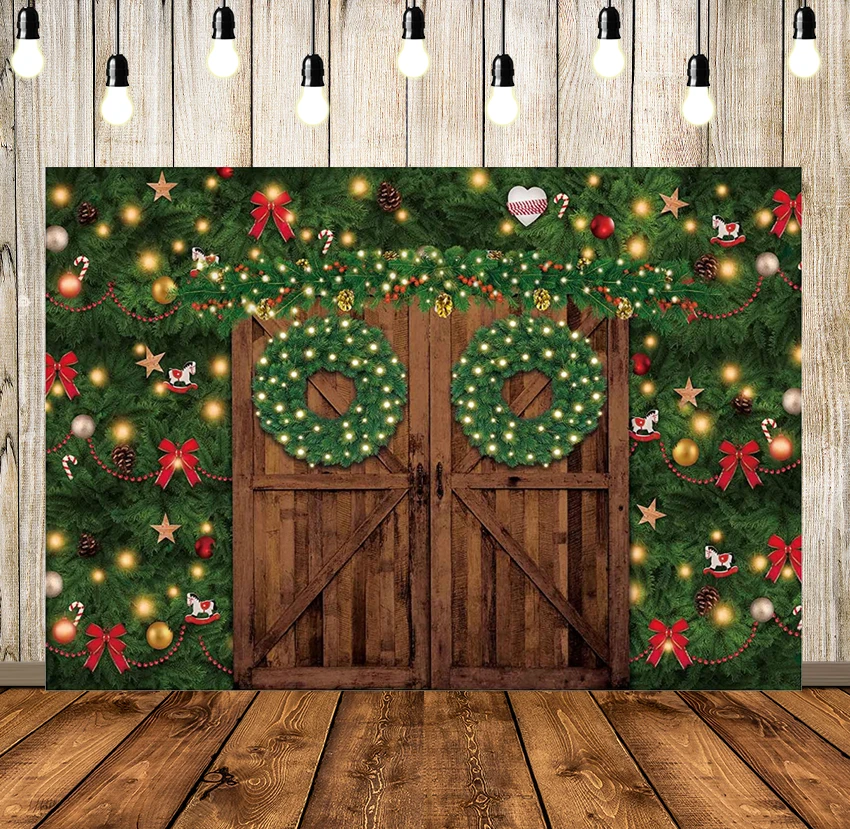 

Winter Christmas Rustic Barn Door Photography Backdrop Merry Xmas Wooden Wall Farmhouse Trees Background Baby Shower Kids Props