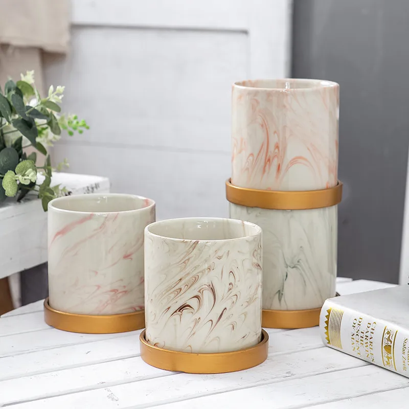 Керамическая ваза для цветов в скандинавском стиле мраморный узор суккуленты