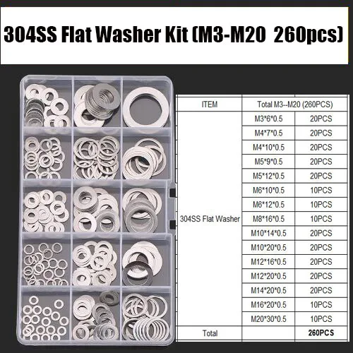

WHUZF 260Pcs/set DIN125 M3 M4 M5 M6 M8 M10 M12 M14 M16 M20 304 Stainless Steel Flat Washer Plain Washer Gaskets Assortment Kit