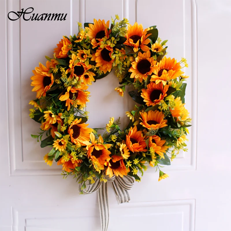 

Artificial Sunflower Summer Wreath 40cm Decorative Fake Flower Wreath With Yellow Sunflower And Green Leaves For Front Door Gift