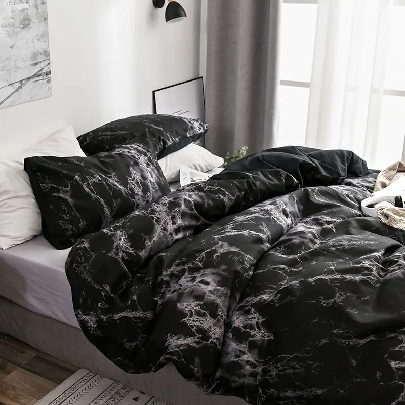 Black Marble Pattern Polyester Fiber Two Pillow Cases One Duvet Cover 3PCS Bedding Set |
