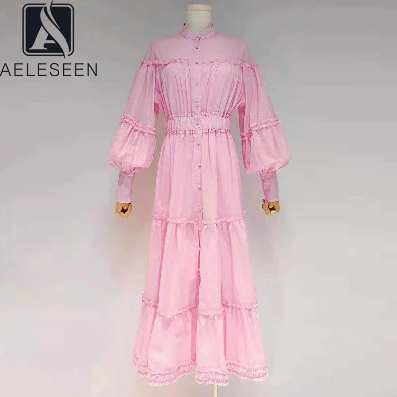 

AELESEEN Designer Fashion Women Dress 2021 Autumn Lantern Sleeve Turtleneck Pink White Ruffles Long Elegant Party Dress