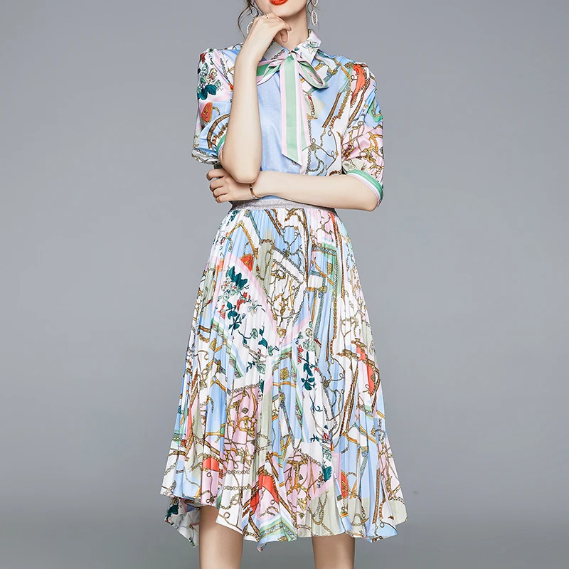 

Женское платье, Новинка лета и осени, костюм, пышная рубашка с отложным воротником и завязкой, плиссированная юбка, костюм из двух предметов,...