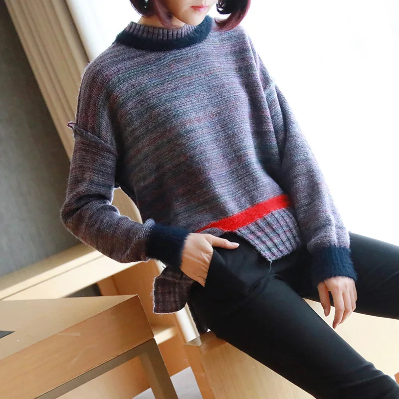 

Autumn and winter thick pullover short paragraph female rainbow stripes loose knit shirt 2019 new Korean Women