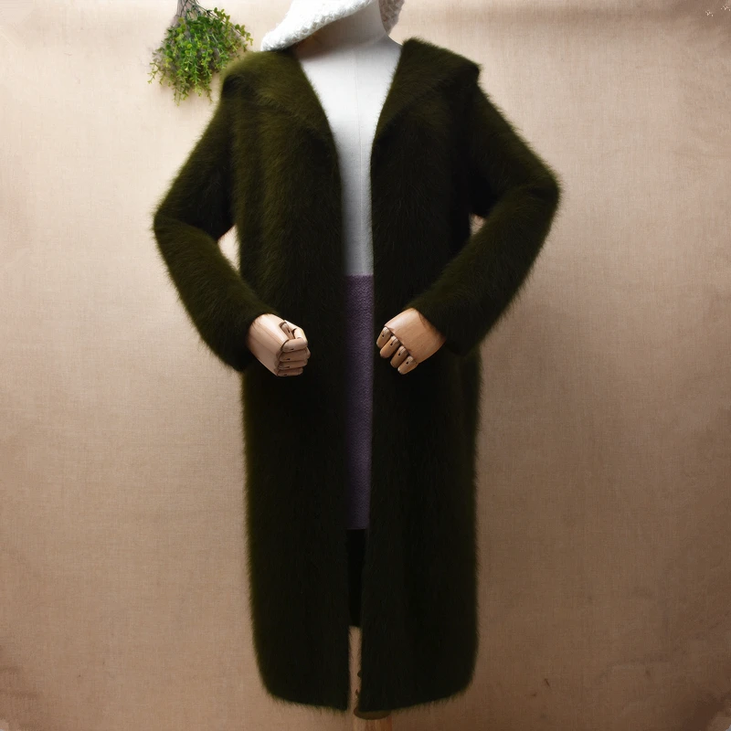 

female women winter thick warm hairy mink cashmere knitted long sleeves hooded loose long sweater cardigan jacket coat sweater