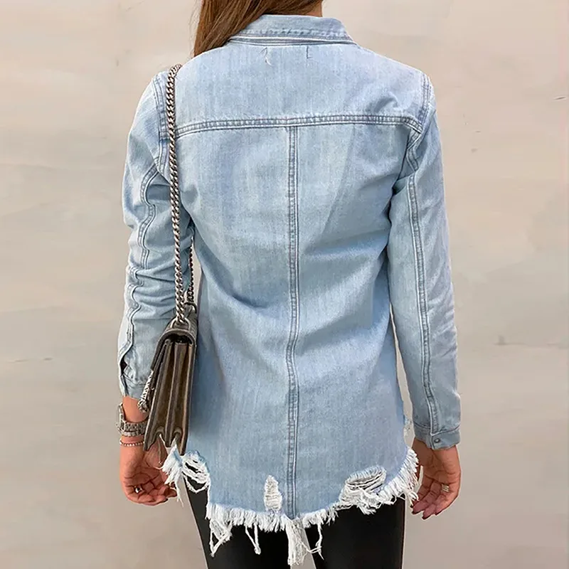 Женская джинсовая куртка с длинным рукавом синяя дырками хлопковая в Корейском
