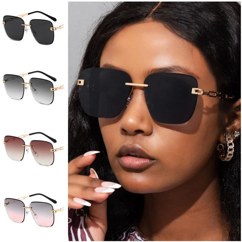 

Fashion Sunglasses Rimless Sun Glasses Unisex Polygon Eyeglasses Anti-UV Spectacles Personality Chain Temples Ornamental A++