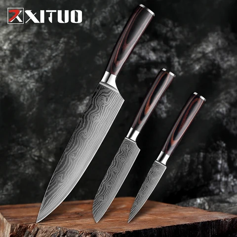 XITUO  Japanese chef knife set Damascus steel Pattern kitchen knives Cleaver Paring Santoku Slicing Utility Fruit knife
