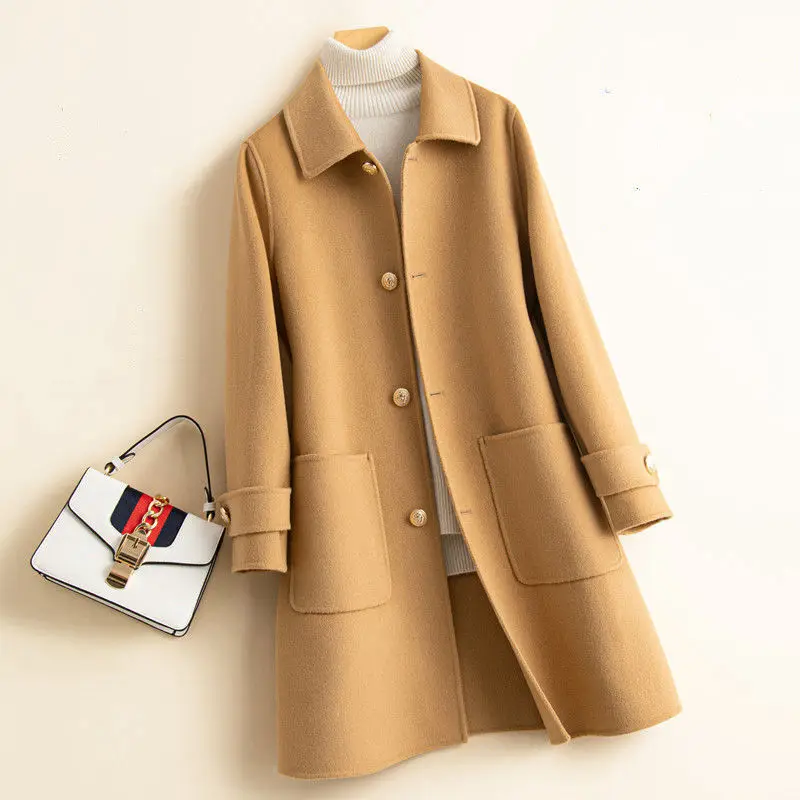

Женское двухстороннее кашемировое пальто Shzq, из чистой шерсти, весна 2021, новое свободное приталенное шерстяное пальто средней длины с ворот...