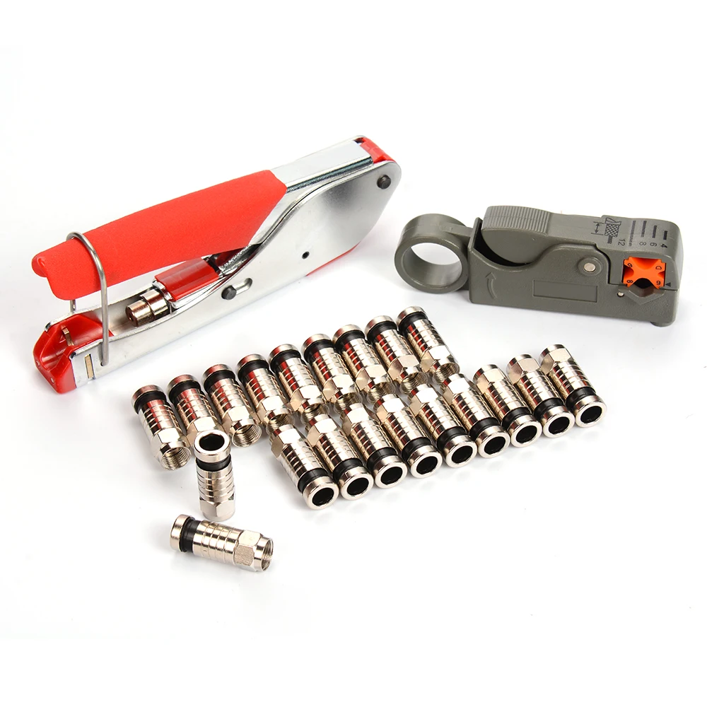 Coaxial Cable Stripper and Crimper 20pcs compression F connector coax Crimping Tool Set for RG6 coaxial cable