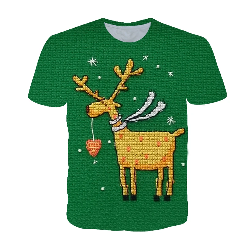 

Merry Christmas Children’s Women’s T-shirt Green Fawn Print Funny Shirt Fashion Oversized Short Sleeve Top Boy Christmas T-shirt