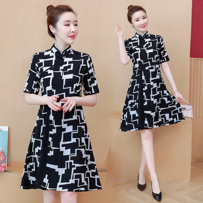 M-4XL размера плюс с коротким рукавом летние платья Cheongsam винтажные китайские
