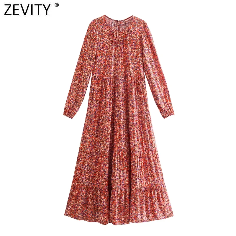 

ZEVITY 2021 Women Sweet Floral Print Pleats Casual Loose Midi Dress Office Lady Chic O Neck Long Sleeve Vestidos De Mujer DS9012