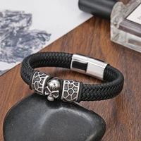 tehaobohemian charm mens jewelry 316l stainless steel ghost head 12mm6mm bracelet bangle black leather magnetic buttonbracelet