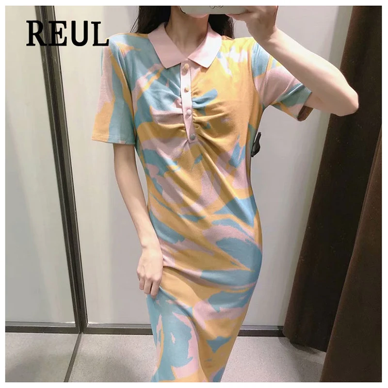 

REUL 2021 Za Women Fashion Knit Stripe Pleated Midi Dress Vintage Office Short Sleeve Button Decoration Female Dresses Vestidos