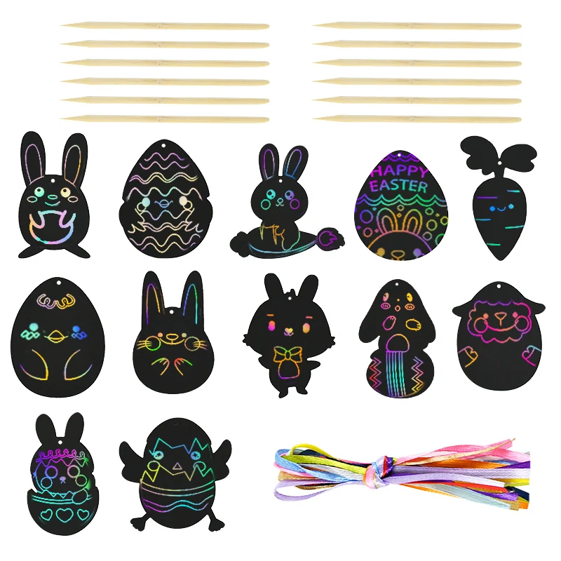 

1Set Diy Magic Scraping Painting Paper Crad Set Easter Rabbit Chick Design Art Drawing Book With Stick Kids Graffiti Toy Gifts