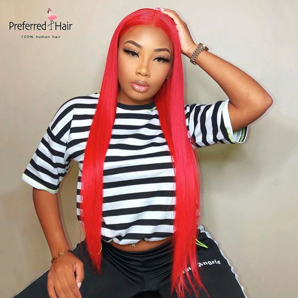 Red Wig Предпочитаемый красный синий желтый фиолетовый Лайм зеленый 13x6 парик на кружеве предварительно выщипанный Remy Бесклеевой бразильский полный парик на шнурке для женщин - Цвет: Red Wig