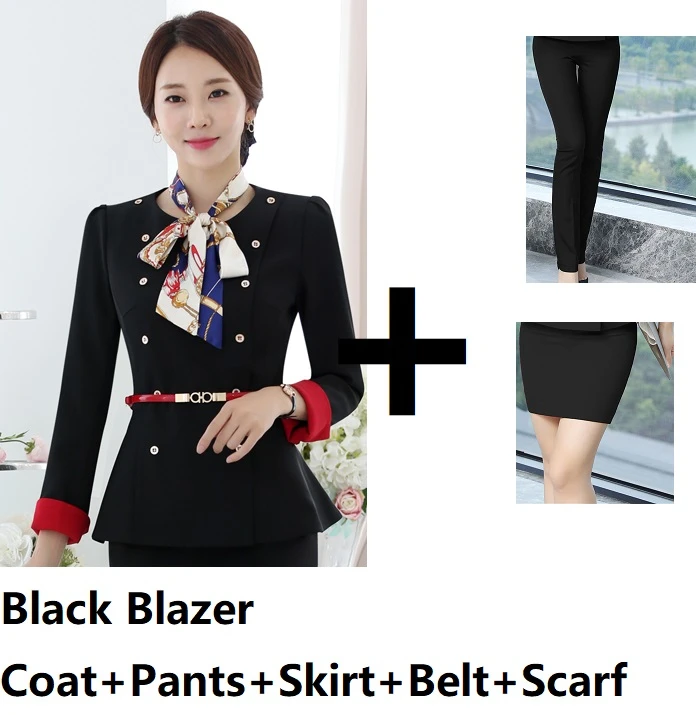 Black Pant Skirt Set Модные костюмы в едином стиле, брючные костюмы с пиджаком и штанами для женщин, женские брючные костюмы, блейзеры, комплекты с шарфом и поясом - Цвет: Black Pant Skirt Set