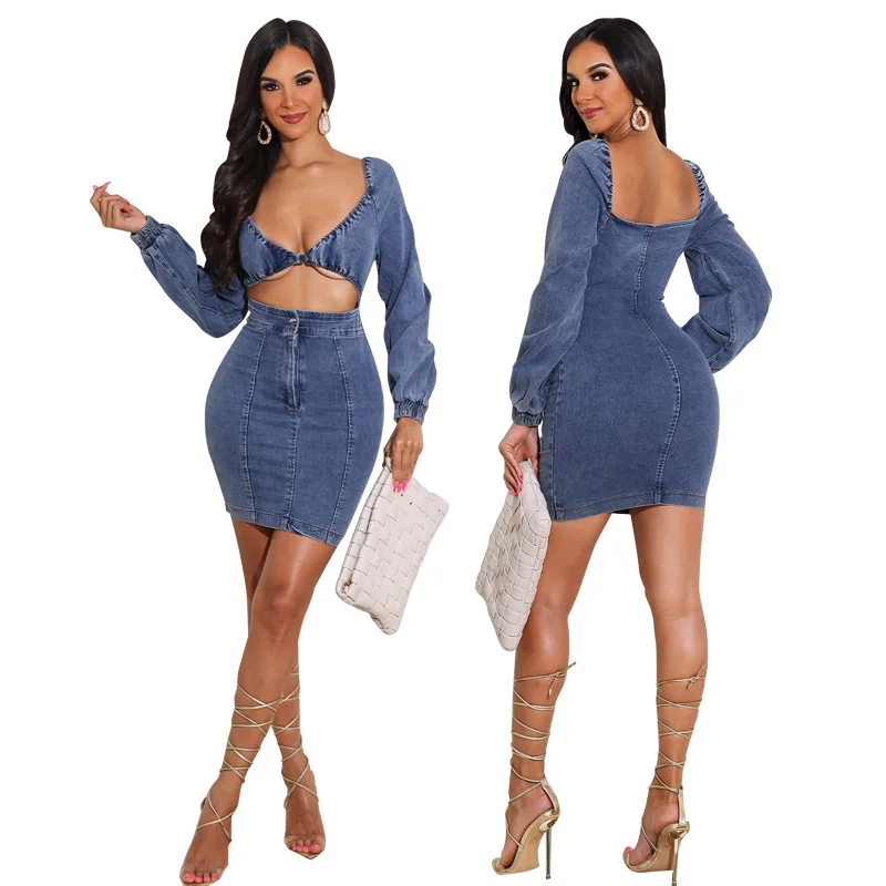 

Zoctuo Dresses For Women Long Sleeve Autumn Slim Club Mini Dress Party Hollow Out Fashion Sexy V Neck Solid Denim Dress Backless