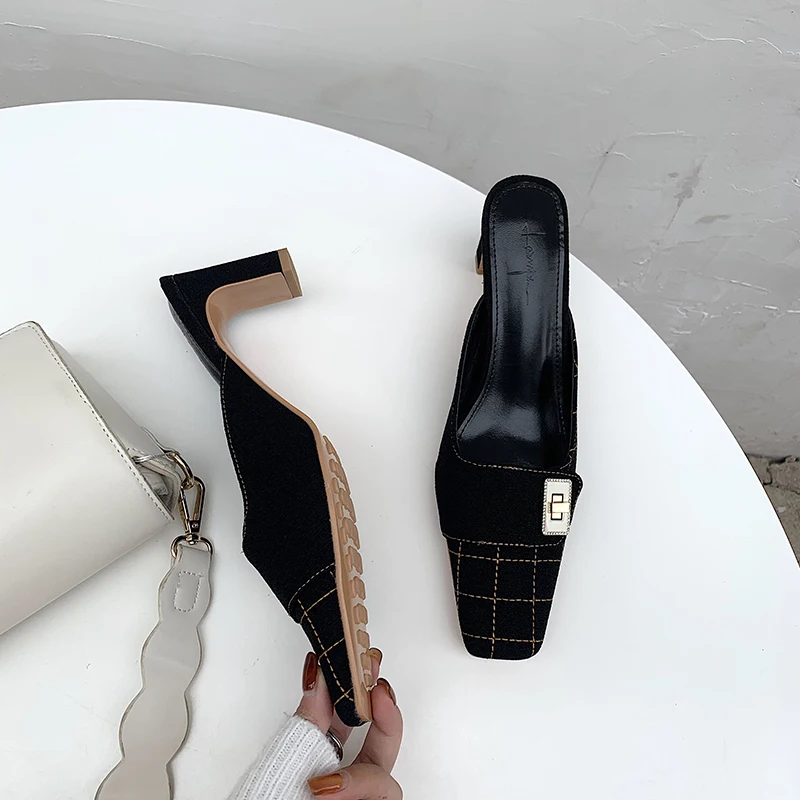 

Fashion Women Sandals Slippers Square Toe Thick High Heels Shallow Slip On Pumps Party Casual Slides Mules Shoes Pink Yellow