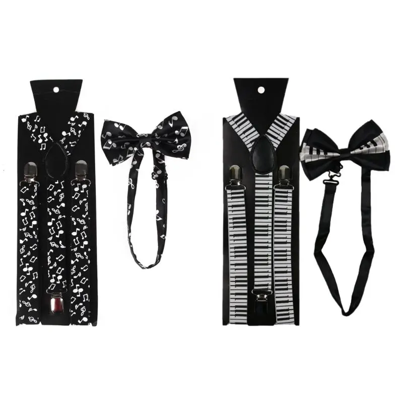 Men Women 2 In 1 Suspenders Bow Tie Set Black White Music Notes Piano Keyboard Print Adjustable Y-Back Belt Necktie Stage Party |