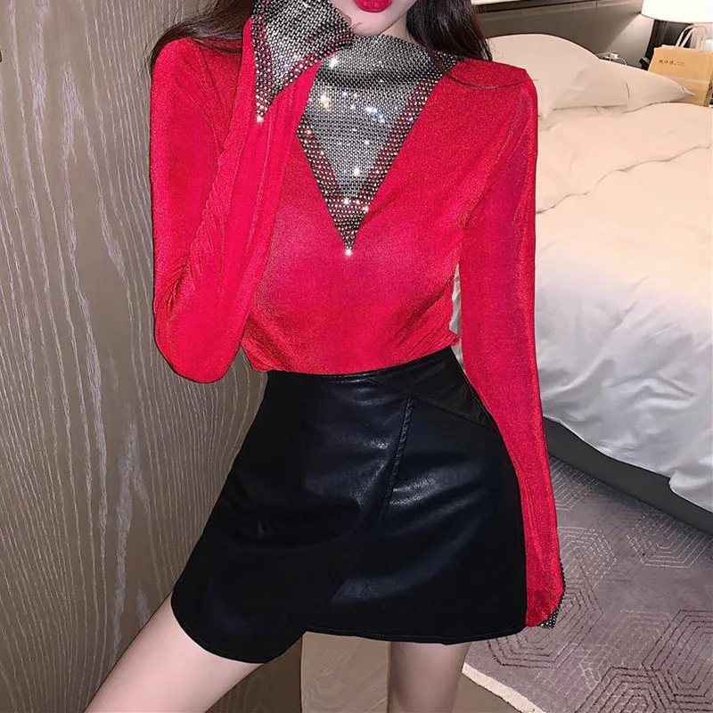 

Lucyever 2021 осенние сексуальные блестящие блузки с бриллиантами Женская модная Лоскутная прозрачная рубашка с V-образным вырезом тонкая одежда...