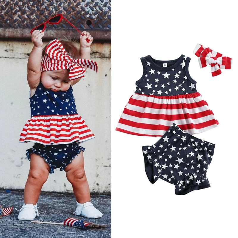 

0-3Y Summer Baby Girls Boys Clothes Sets Star Striped Printed Sleeveless Tops Shorts Headband 3pcs Independence Day