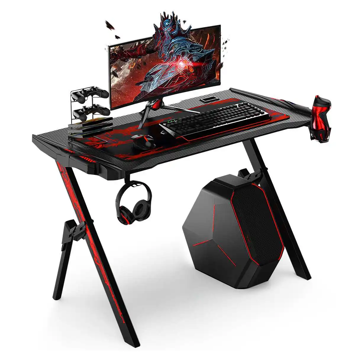 

43.3" Professional Gaming Desk Table Study office Computer Table With Audio Sensor RGB LED Lights Cup Holder Headphone Hook